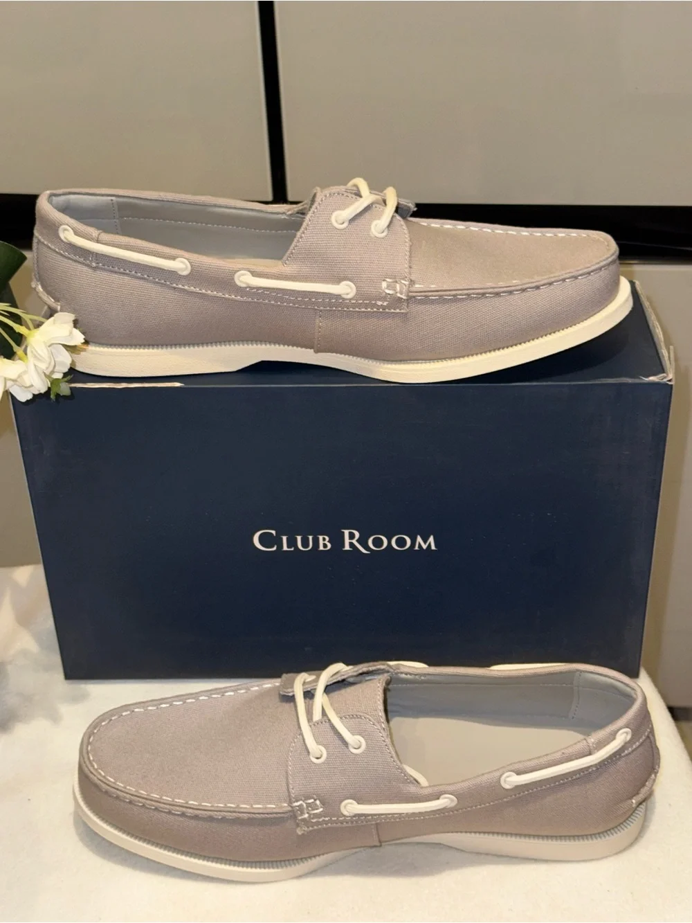 Club Room Taupe Canvas Men’s Boat Shoes with White Laces